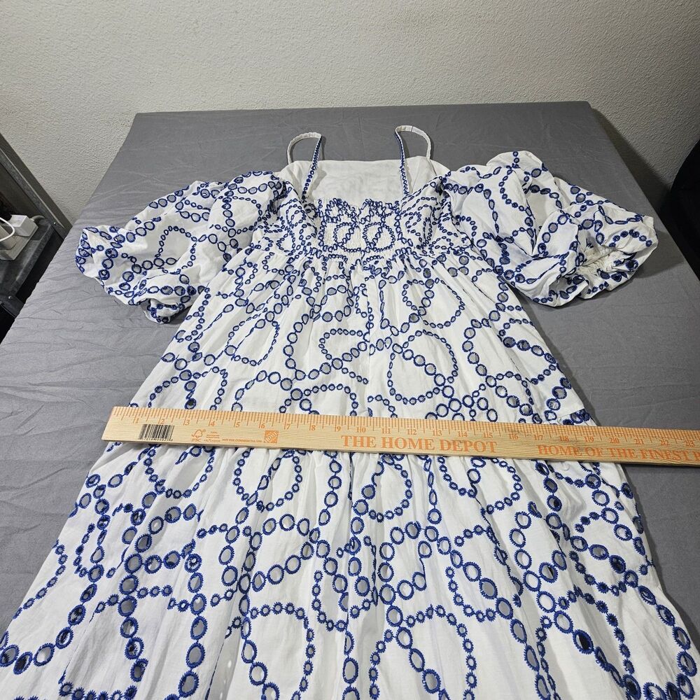 Anthropologie Blue White Eyelet Smocked Puff Sleeve Maxi Dress Sz XS Cotton - Picture 5 of 12